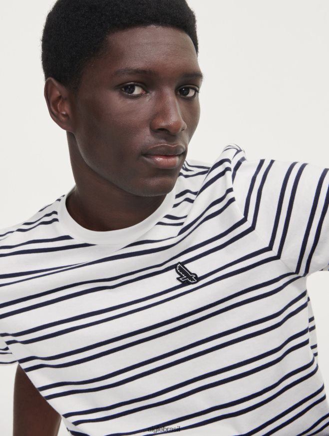 Aigle roupas camiseta listrada com gola redonda rua branca homens RX2B8850