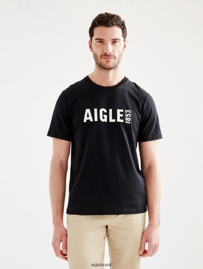 Aigle roupas camiseta piratex estampada com gola redonda preto homens RX2B8869