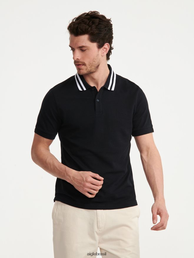 Aigle roupas polo manga curta com gola dupla preto homens RX2B88121