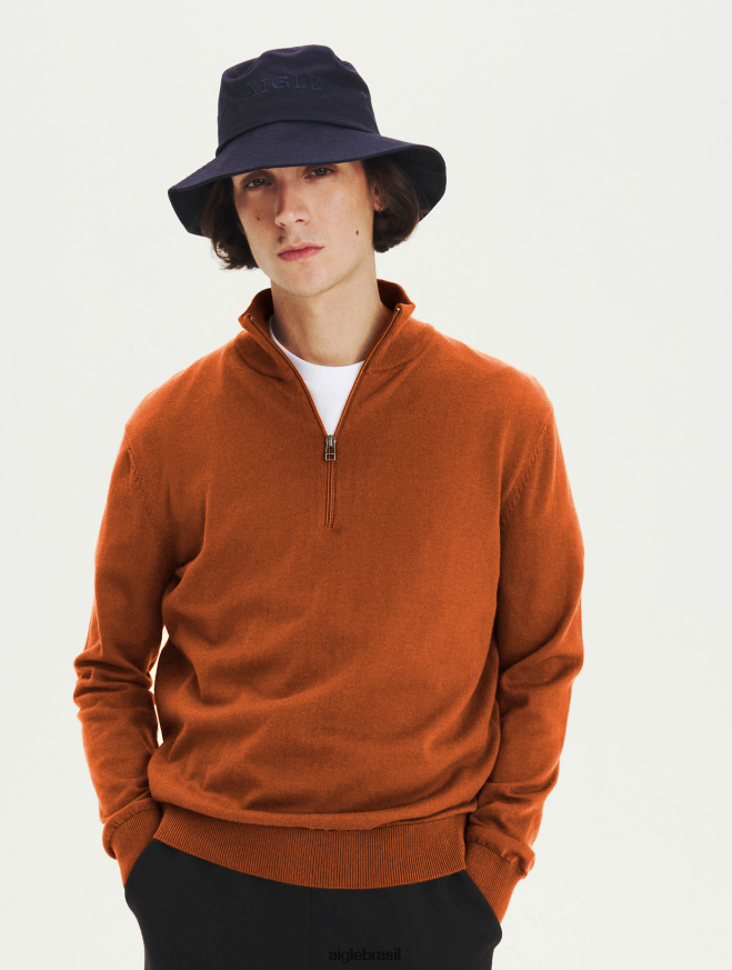 Aigle roupas suéter de gola aberta com zíper feito de algodão orgânico marrom dourado homens RX2B88147