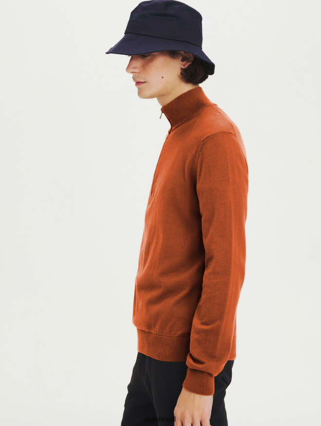 Aigle roupas suéter de gola aberta com zíper feito de algodão orgânico marrom dourado homens RX2B88147