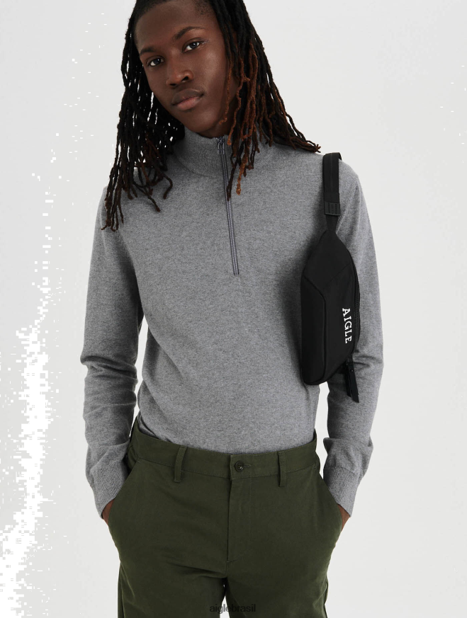 Aigle roupas suéter de gola aberta com zíper feito de algodão orgânico urze cinza homens RX2B8845