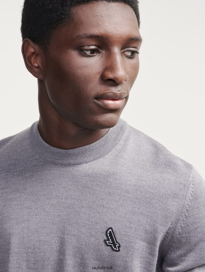 Aigle roupas suéter de gola redonda de calibre fino urze cinza homens RX2B88150