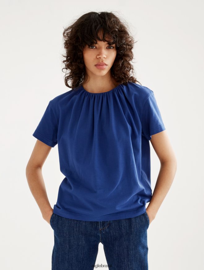 Aigle roupas camiseta manga curta com decote franzido encrebleu mulheres RX2B88573