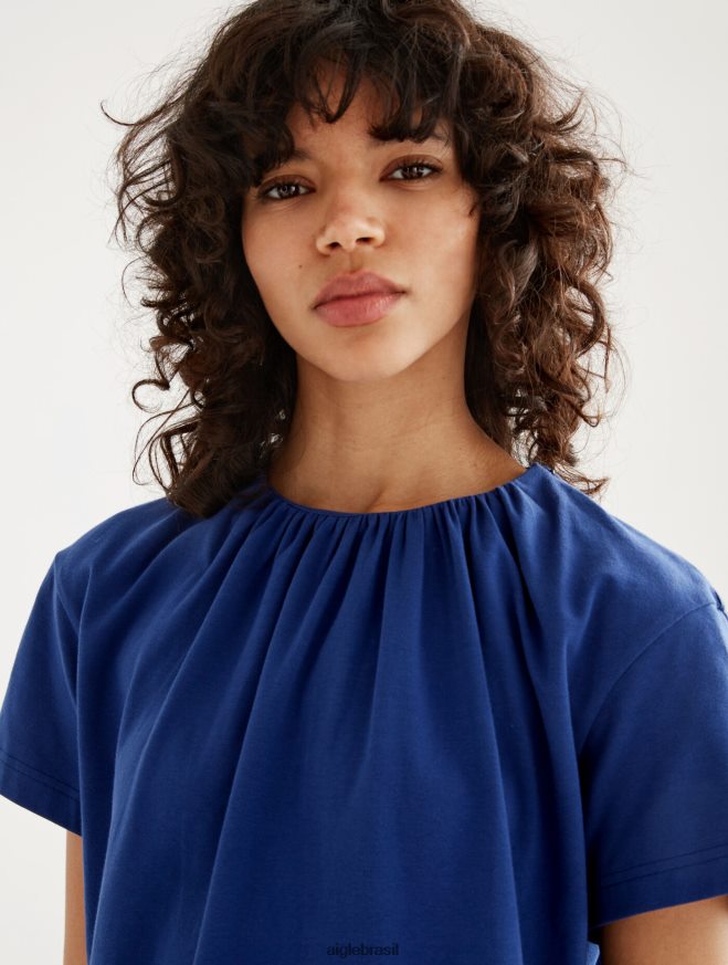 Aigle roupas camiseta manga curta com decote franzido encrebleu mulheres RX2B88573