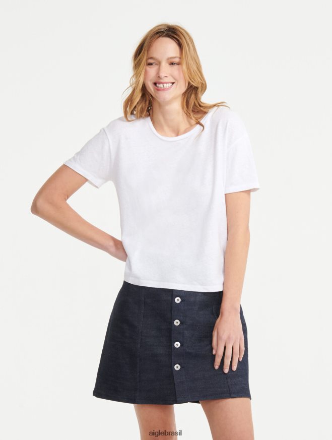 Aigle roupas camiseta manga curta mescla de linho branco mulheres RX2B88684