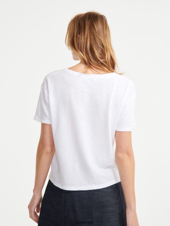 Aigle roupas camiseta manga curta mescla de linho branco mulheres RX2B88684