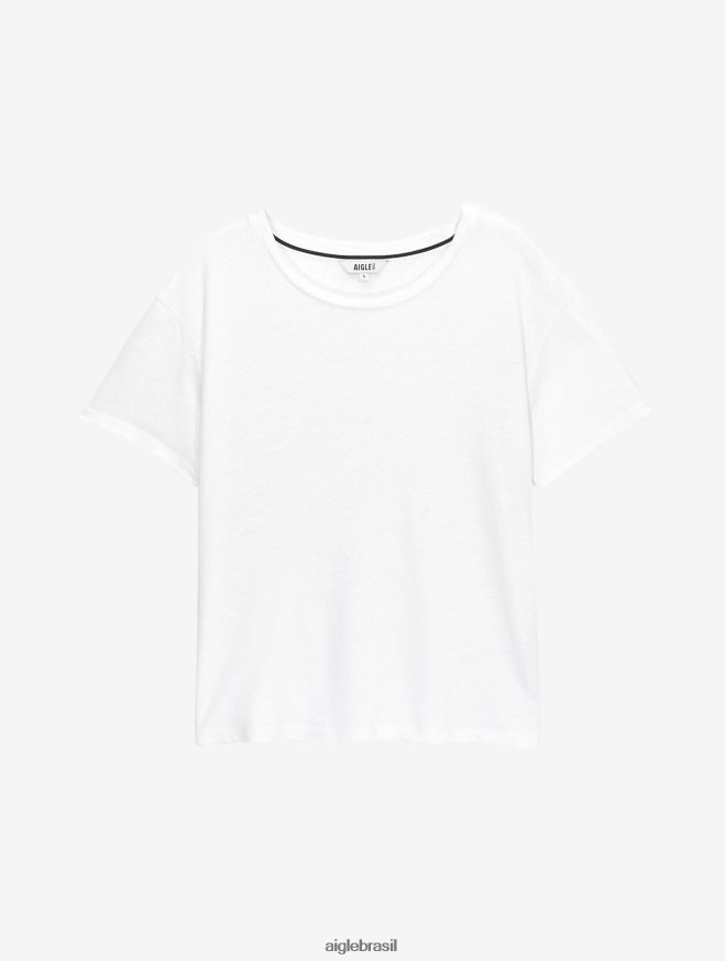 Aigle roupas camiseta manga curta mescla de linho branco mulheres RX2B88684