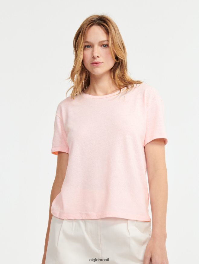 Aigle roupas camiseta manga curta mescla de linho cereja mulheres RX2B88685