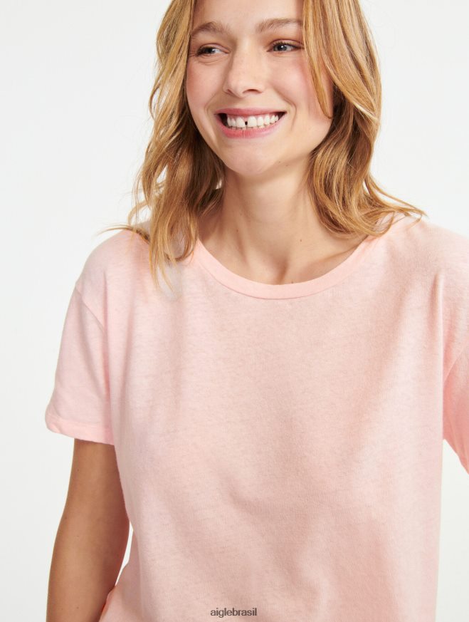 Aigle roupas camiseta manga curta mescla de linho cereja mulheres RX2B88685