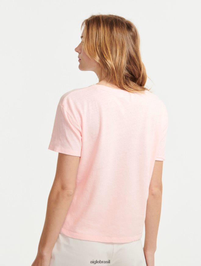 Aigle roupas camiseta manga curta mescla de linho cereja mulheres RX2B88685