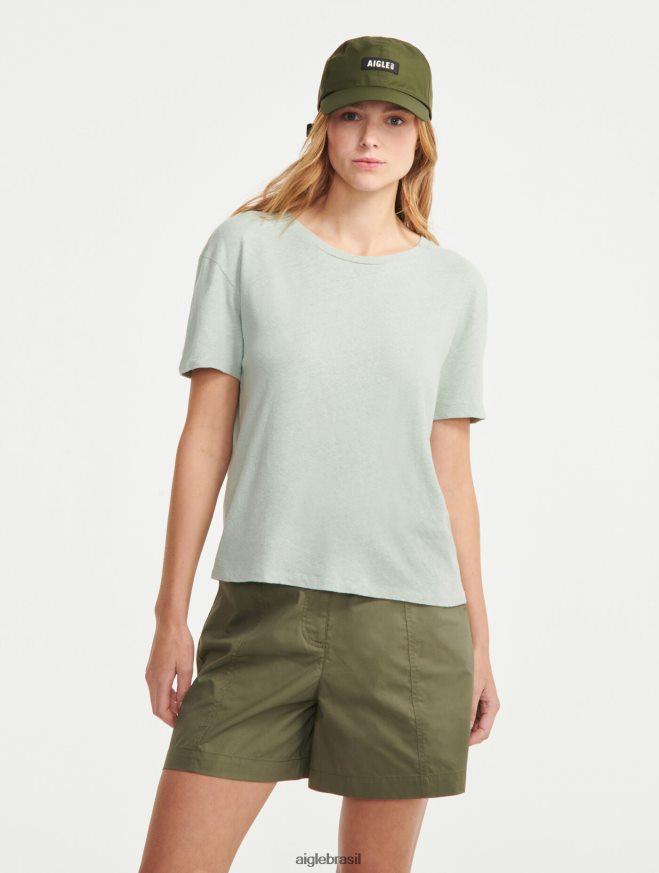 Aigle roupas camiseta manga curta mescla de linho reseda mulheres RX2B88686