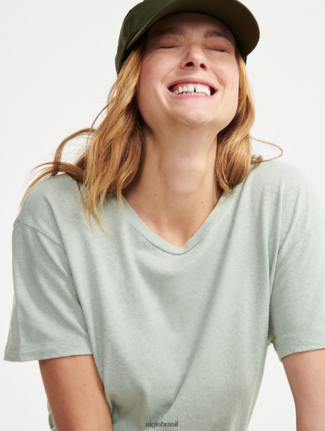 Aigle roupas camiseta manga curta mescla de linho reseda mulheres RX2B88686