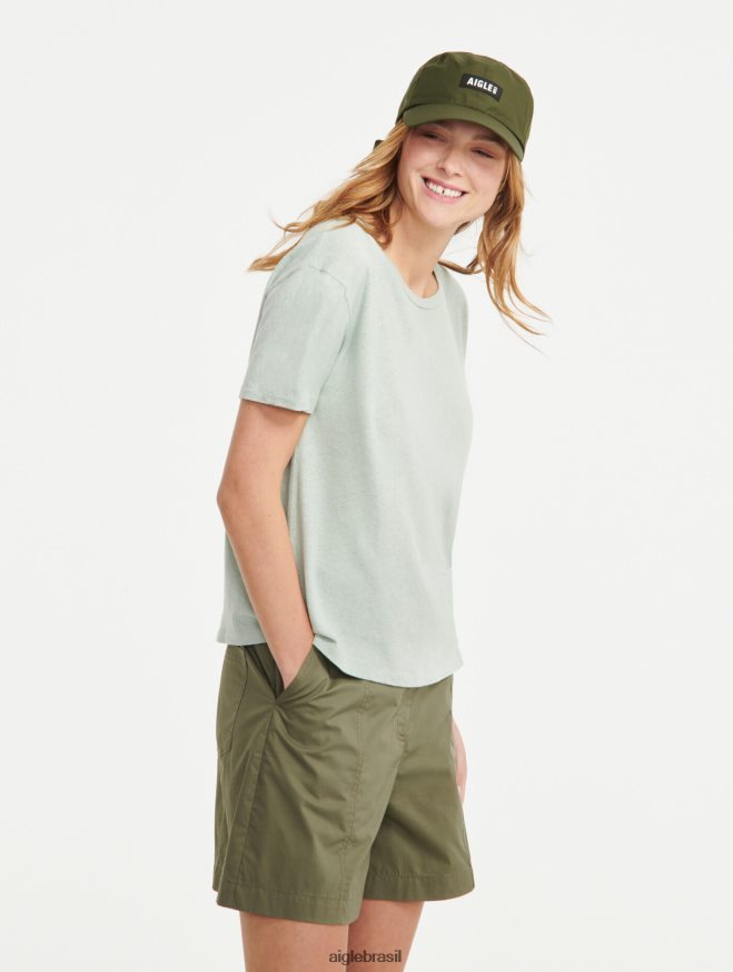 Aigle roupas camiseta manga curta mescla de linho reseda mulheres RX2B88686