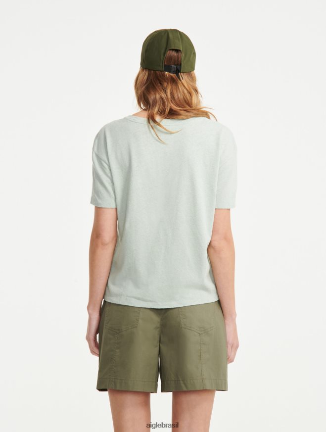 Aigle roupas camiseta manga curta mescla de linho reseda mulheres RX2B88686