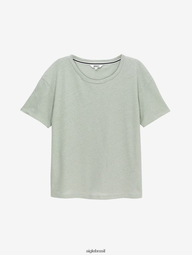 Aigle roupas camiseta manga curta mescla de linho reseda mulheres RX2B88686