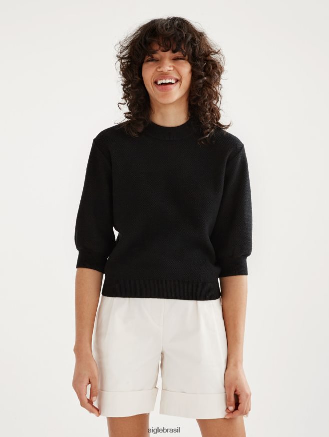 Aigle roupas suéter de manga curta com malha decorativa preto mulheres RX2B88460