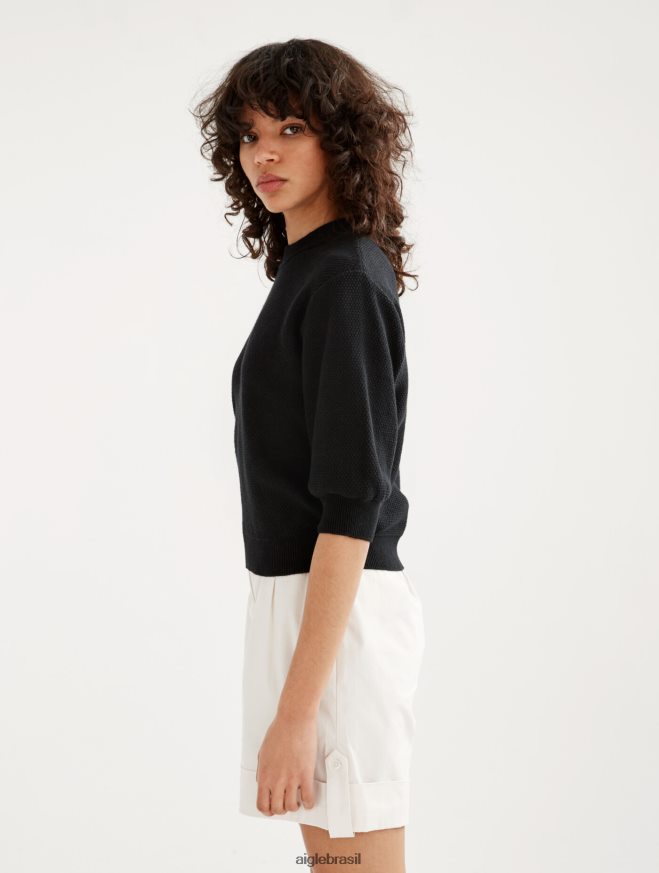 Aigle roupas suéter de manga curta com malha decorativa preto mulheres RX2B88460