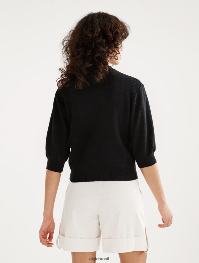 Aigle roupas suéter de manga curta com malha decorativa preto mulheres RX2B88460