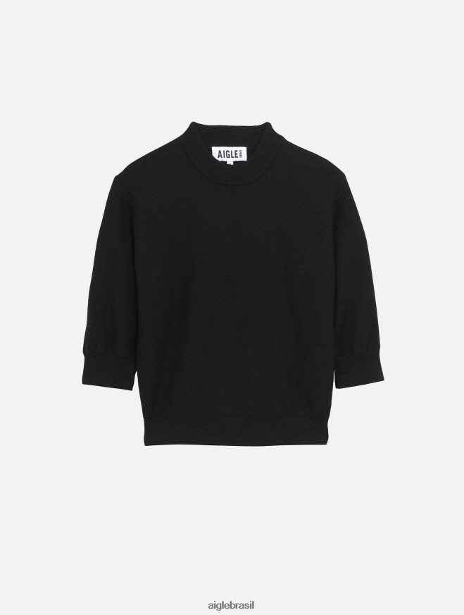 Aigle roupas suéter de manga curta com malha decorativa preto mulheres RX2B88460