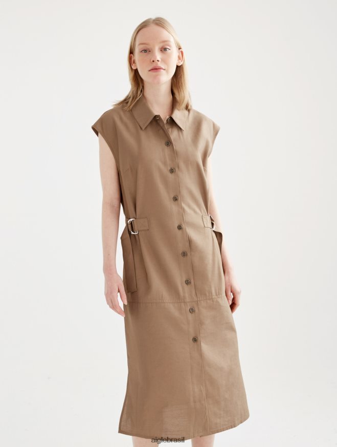 Aigle roupas vestido midi justo com botões capuccino mulheres RX2B88535