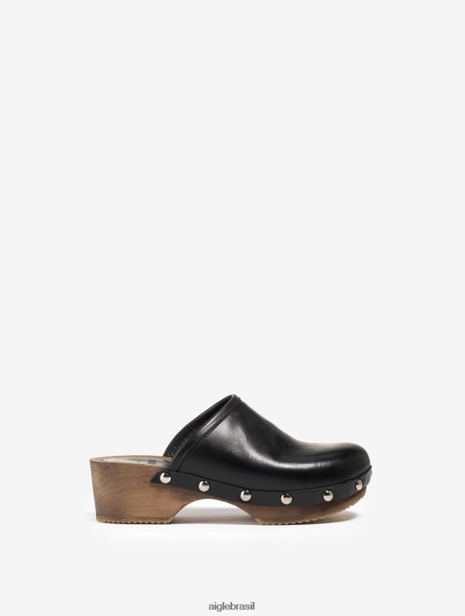 Aigle sapato tamanco de couro e madeira preto mulheres RX2B88631