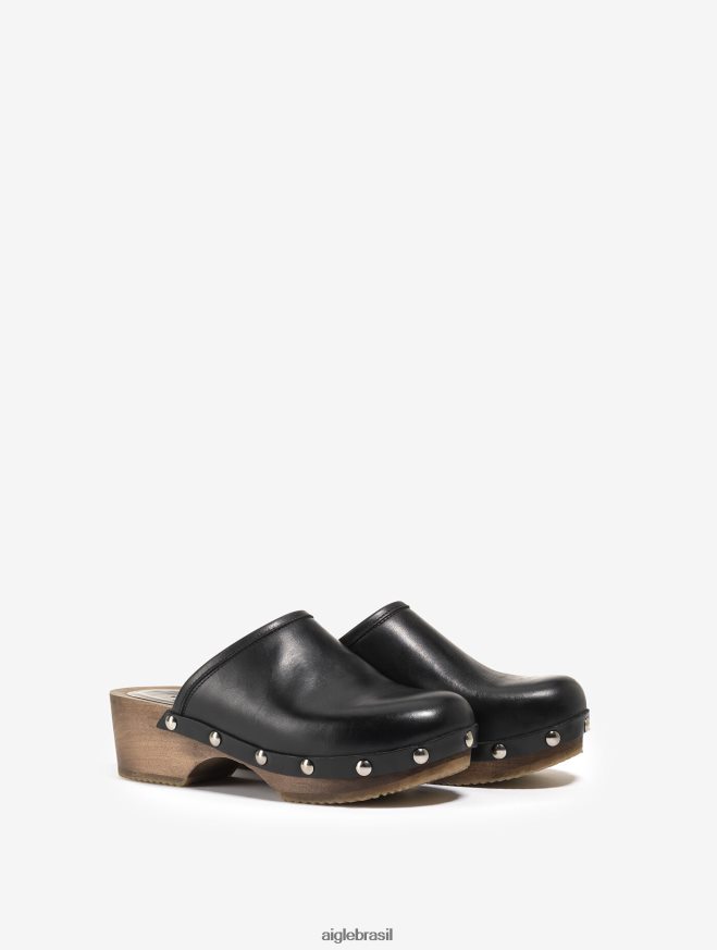 Aigle sapato tamanco de couro e madeira preto mulheres RX2B88631